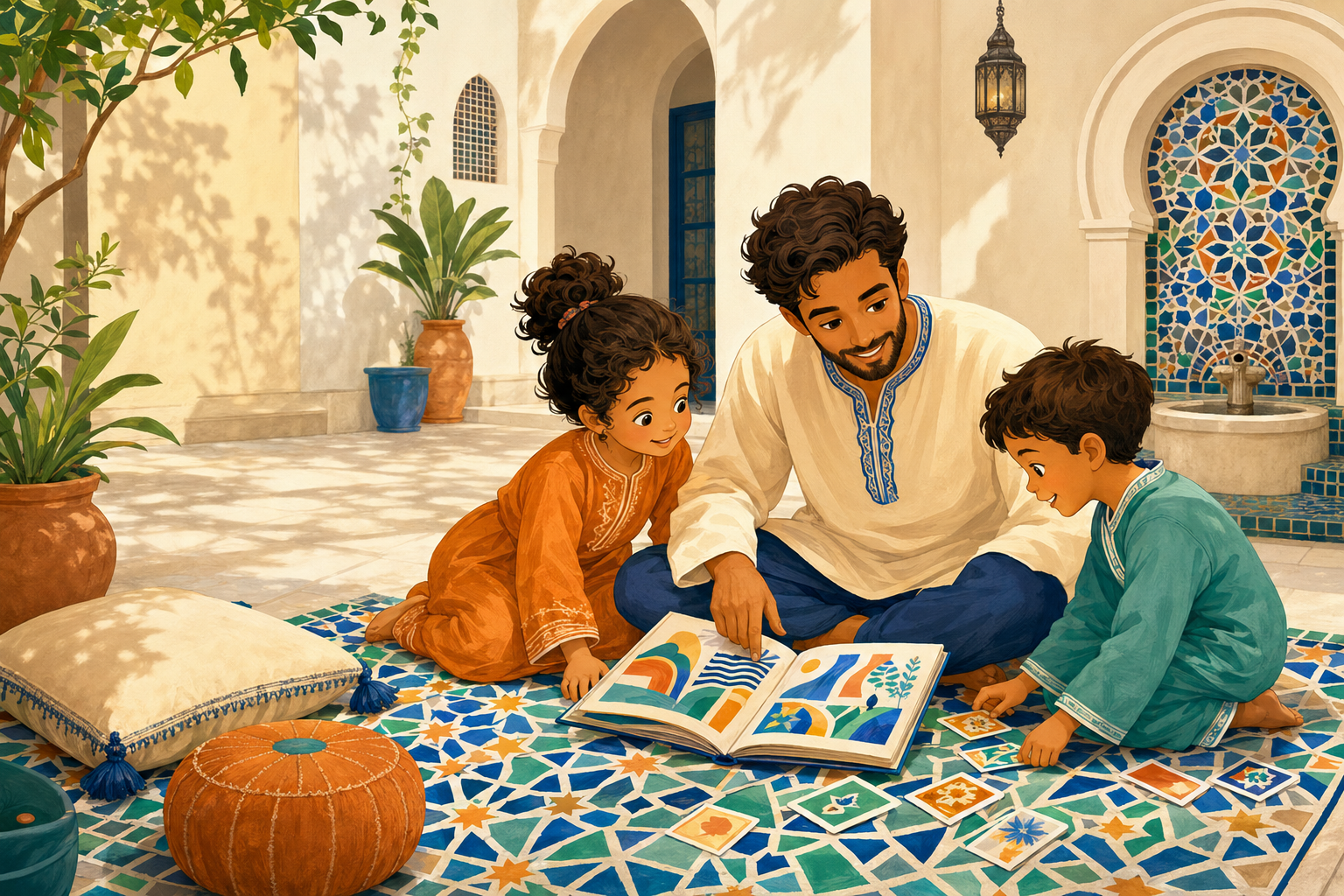 Une famille marocaine réunie autour d’un conte et d’un jeu Popolio