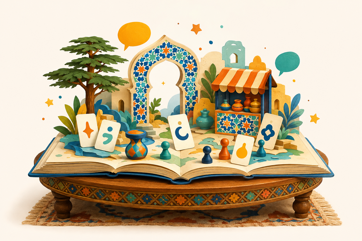 Un livre ouvert donnant vie à un univers marocain de langage et de jeux